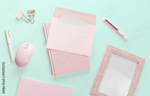 flat lay pink book and stationery