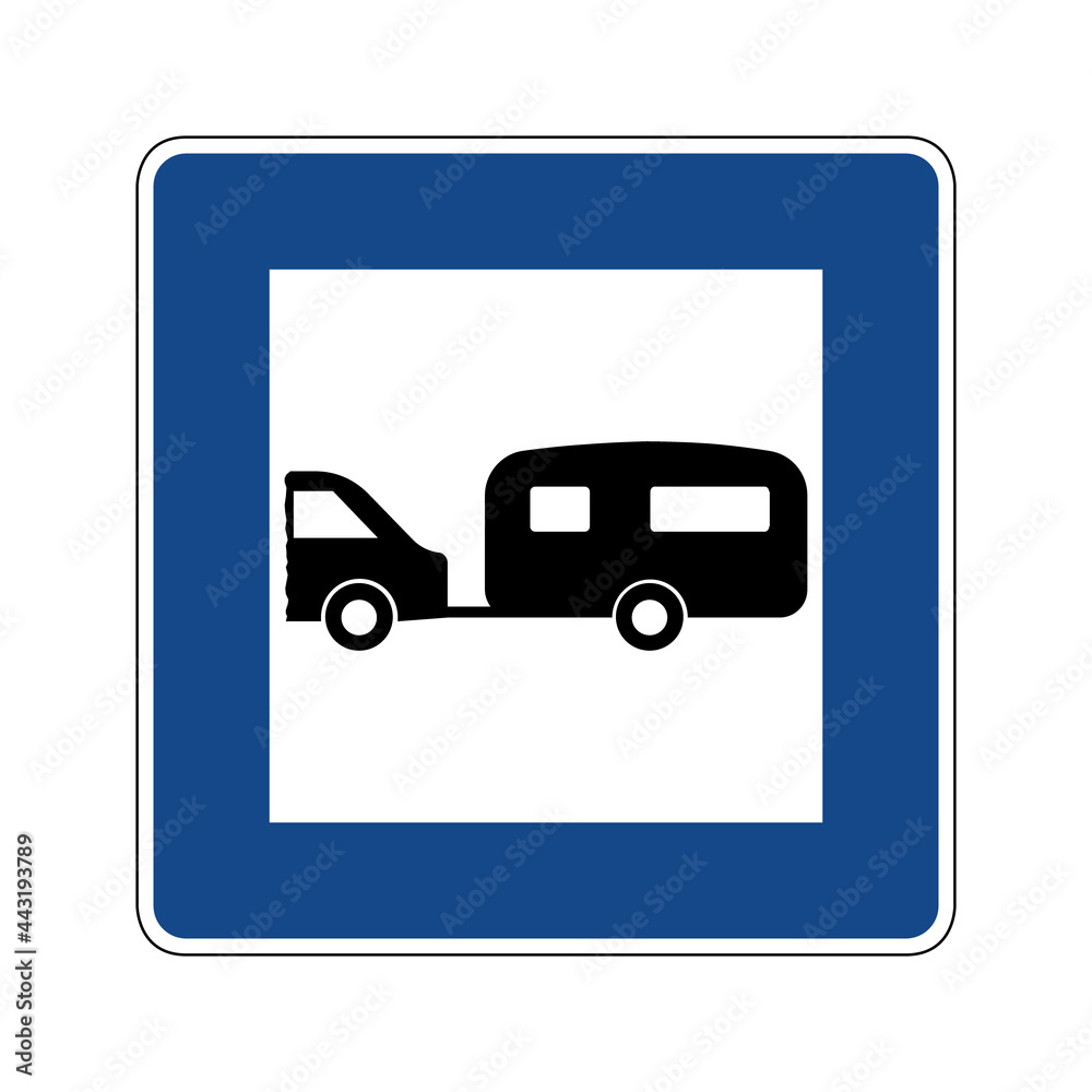 Caravan road sign. Vector illustration of blue traffic sign with camper icon inside. Caravan motorhome parking symbol on blue board isolated on white background. Campsite concept. Caravan road sign. Vector illustration of blue traffic sign with camper icon inside. Caravan motorhome parking symbol on blue board isolated on white background. Campsite concept.