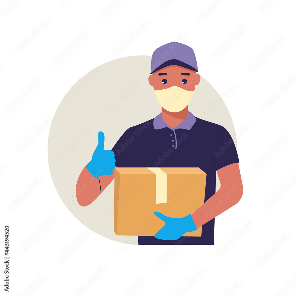 Delivery of goods during the prevention of coronovirus, Covid-19. Courier in a face mask with a box in his hands. Portrait from the waist up. Vector flat illustration. Delivery man in a gloves. Delivery of goods during the prevention of coronovirus, Covid-19. Courier in a face mask with a box in his hands. Portrait from the waist up. Vector flat illustration. Delivery man in a gloves.