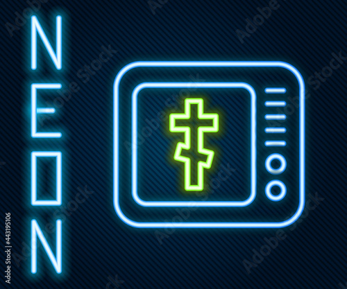 Glowing neon line Online church pastor preaching video streaming icon isolated on black background. Online church of Jesus Christ. Colorful outline concept. Vector