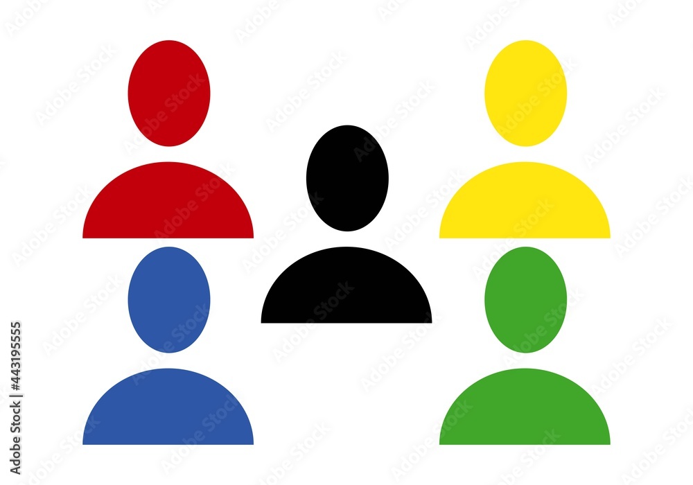 Diversidad cultural. Siluetas de personas en rojo, amarillo, verde, azul y negro. Comunidad. Idiosincrasia. Personalidad