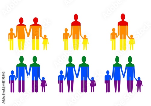 Siluetas de diferentes familias con niños con el relleno de la bandera LGTBIQ+ en rojo, naranja, amarilla, verde, azul y morado sobre fondo blanco
