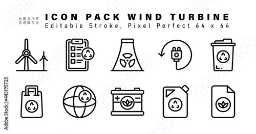 Icon Set of Wind Turbine Line Icons. Contains such Icons as Recycling Bin, Bag, Global, Car Battery etc. Editable Stroke. 64 x 64 Pixel Perfect