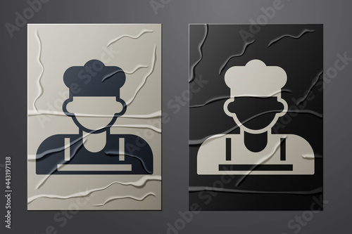 White Cook icon isolated on crumpled paper background. Chef symbol. Paper art style. Vector