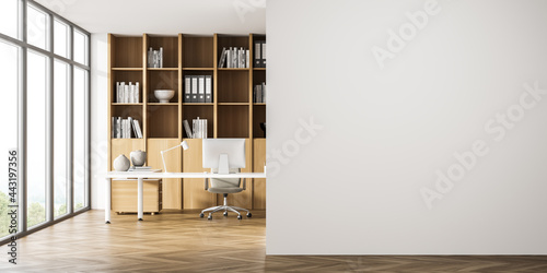 Fototapeta Naklejka Na Ścianę i Meble -  Panoramic office area with empty wall, beige