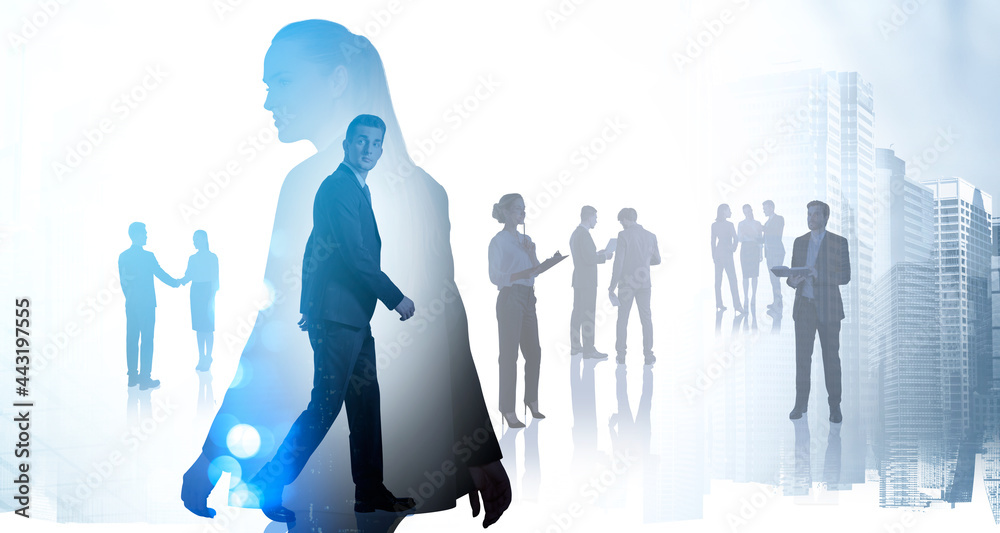 Silhouettes of busy diverse businesspeople rushing and looking for business solutions, New York skyscraper city view. Launch new strategy concept. Double exposure Silhouettes of busy diverse businesspeople rushing and looking for business solutions, New York skyscraper city view. Launch new strategy concept. Double exposure