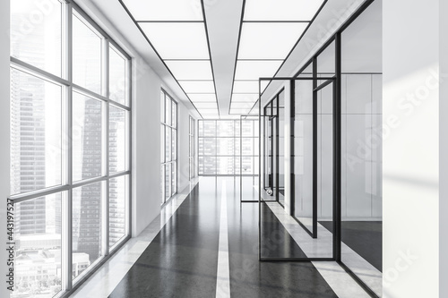 Office city panoramic interior of passage, black, white