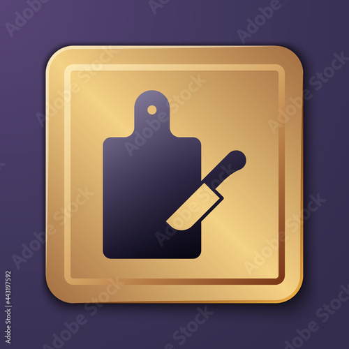 Purple Cutting board and knife icon isolated on purple background. Chopping Board symbol. Cutlery symbol. Gold square button. Vector