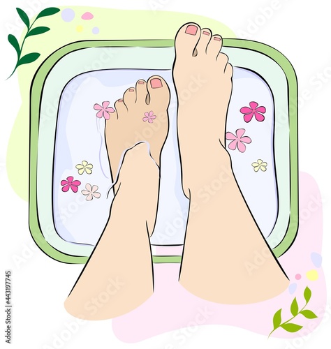 Women's feet in a basin of water. Spa treatments for feet. Close-up illustration, top view.
