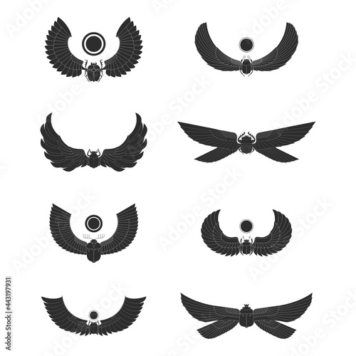 vector monochrome icon set with ancient egyptian symbol Winged sun for your project