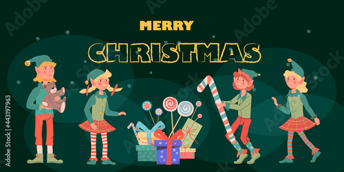 Banner with Christmas elves children characters and greeting text, flat vector illustration. Design for Christmas and New Year site interface and printable materials.