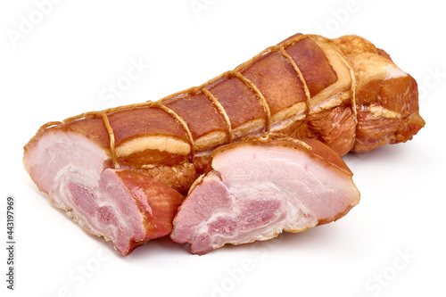 Smoked pork belly, isolated on white background. High resolution image.