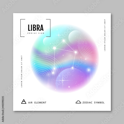 Modern magic witchcraft card with astrology Libra zodiac constellation on holographic flow background