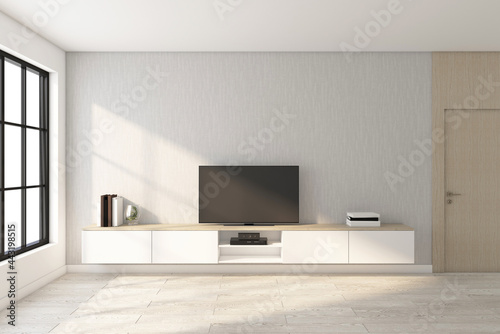 Minimalist room with TV cabinet and gray wall, wood floor. 3d rendering