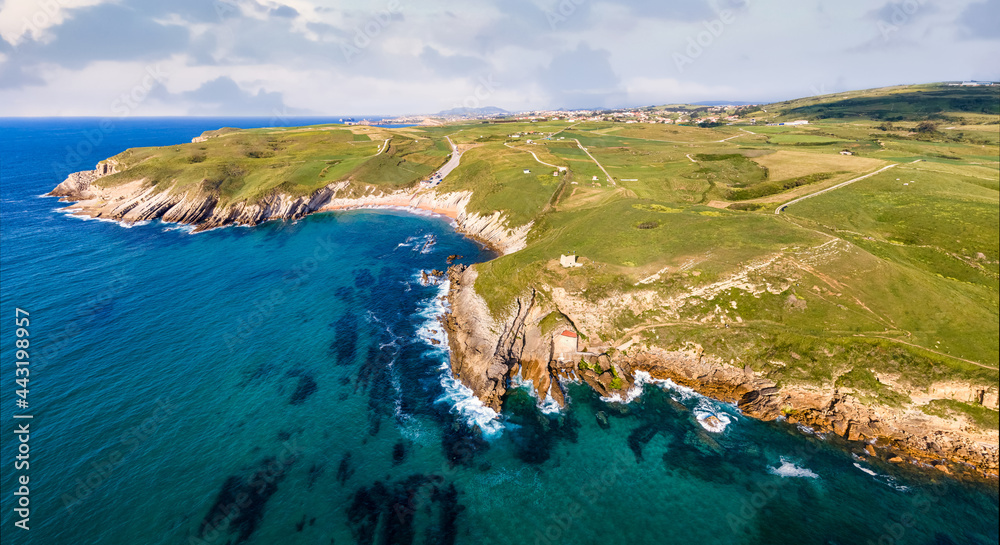 Panoramic aerial view of the coast of northern Spain. Cantabria.