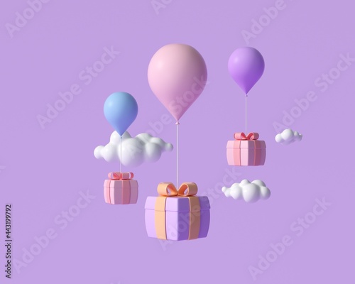 3D Flying gift box with balloons, online shopping, greeting, and celebrate concept. 3d render illustration photo