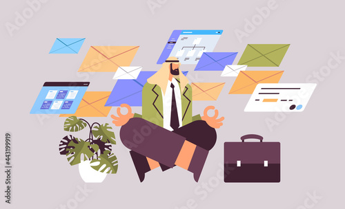 arab businessman sitting lotus pose business man doing yoga exercise meditation relaxation concept
