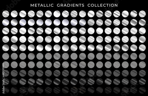 Big collection of silver and black metallic gradients. Silver and black texture gradation background set. Vector metal gradients. Elegant, shiny and iron bright silver gradient collection.