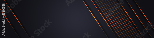 Abstract dark grey horizontal wide banner with orange light lines on blank space. Futuristic dark luxury modern technology background. Vector illustration.