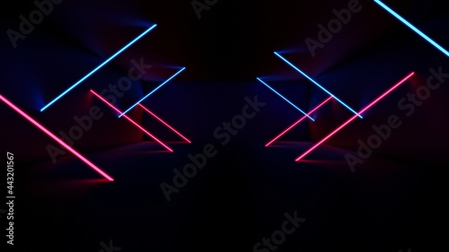 Neon light of Modern design., flight forward through digital corridor, appearing glowing pink blue lines, ultraviolet spectrum., 3D Rendering