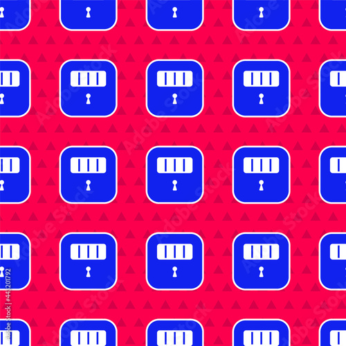 Blue Prison cell door with grill window icon isolated seamless pattern on red background. Vector