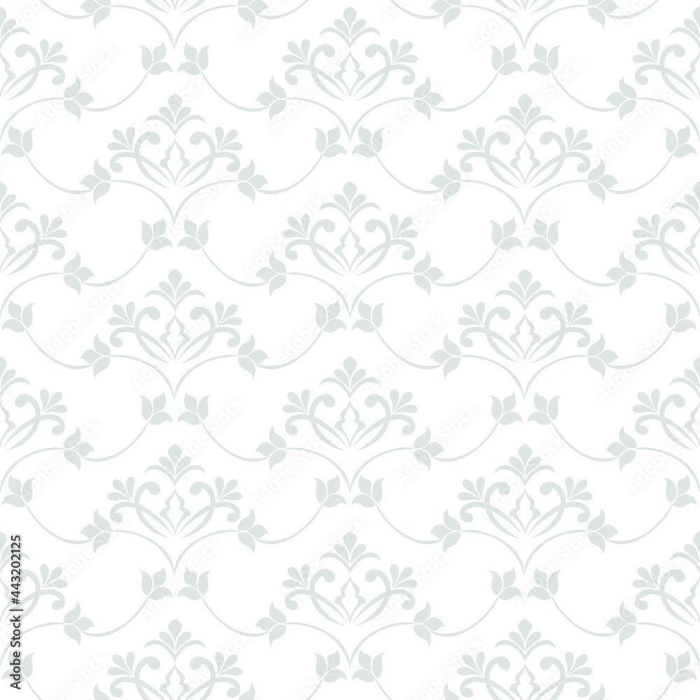Naklejka premium Damask seamless vector background. baroque style pattern. Gray and white floral element. Graphic ornate pattern for wallpaper, fabric, packaging, wrapping. Damask flower ornament.