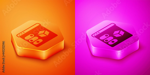 Isometric 3D printer icon isolated on orange and pink background. 3d printing. Hexagon button. Vector
