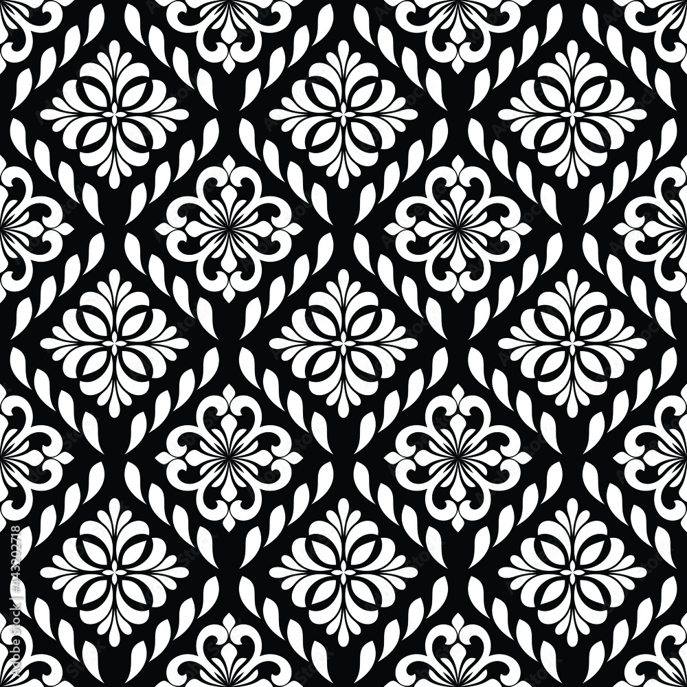 Floral seamless pattern. Black and white ornament. Modern stylish texture repeating. Vector background.