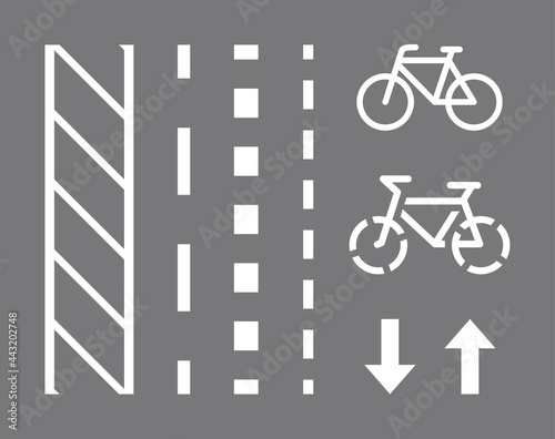 Bicycle route sign, road markings and arrows pointing direction. Vector illustration