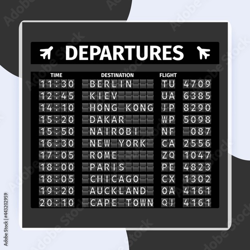Airport retro analog departure board timetable travel background vector illustration