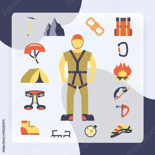 Mountain peaks climber tools and equipment flat icons composition poster with crampon shoes compass abstract vector illustration