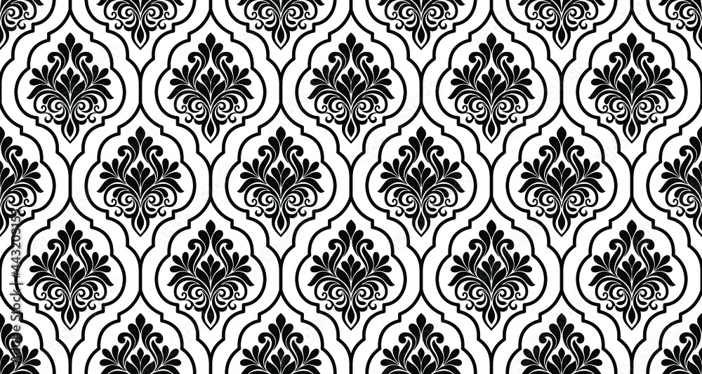Damask floral design element. Black and white. Graphic ornament royal  wallpaper vector background. Stock Vector | Adobe Stock
