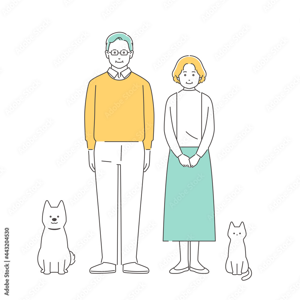 家族 シニア夫婦と犬と猫 全身 家族 シニア夫婦と犬と猫 全身
