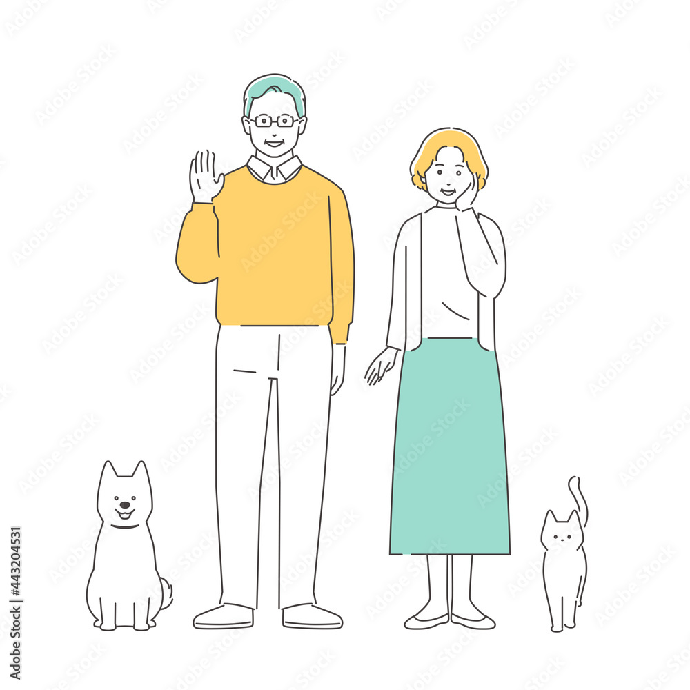 家族　笑顔で手を振るシニア夫婦と犬と猫　全身
