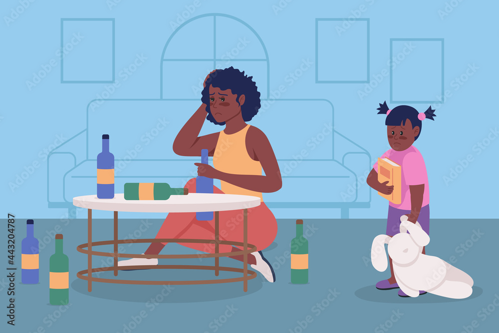 Alcoholism issue in family flat color vector illustration. Upset woman sit with bottles. Substance abuse. Drunk mother and anxious daughter 2D cartoon characters with home interior on background