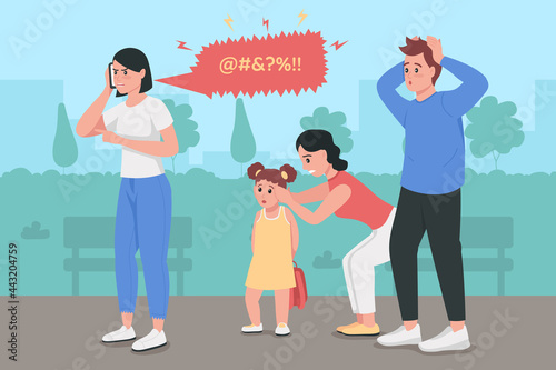 Anger management issues flat color vector illustration. Woman swearing on phone call. Shocked man in public space. Upset and arguing 2D cartoon characters with cityscape on background