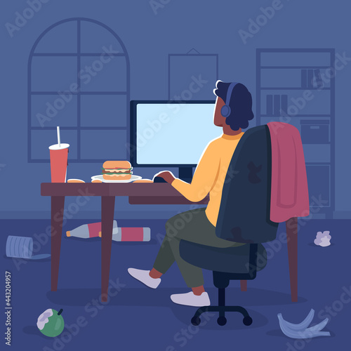 Freelancer in messy room flat color vector illustration. Man in headphones at desktop screen with trash on table. Gamer at computer 2D cartoon character with bedroom interior on background