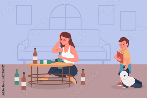 Alcoholism in family flat color vector illustration. Alcoholic woman sit with bottles. Bad habit damage. Drunk mother and upset son 2D cartoon characters with home interior on background
