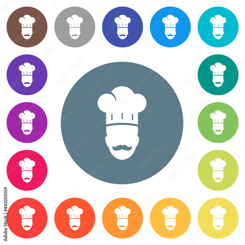 Master chef with mustache flat white icons on round color backgrounds