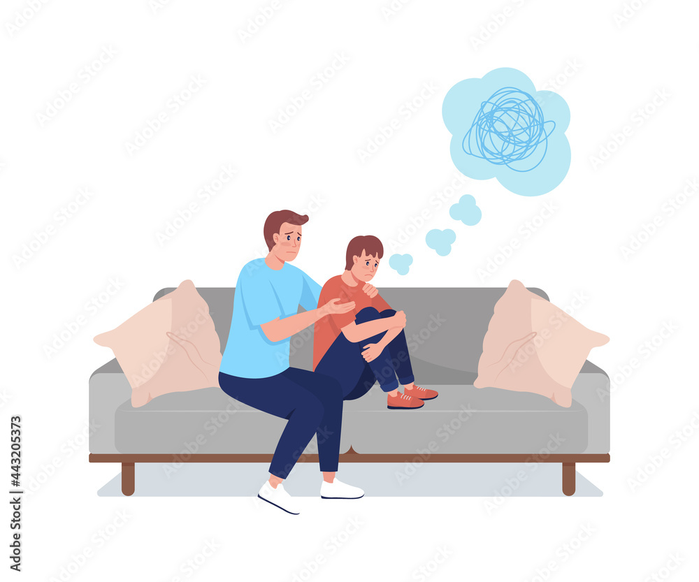 Father counseling son semi flat color vector character. Sitting figure. Full body people on white. Teen problems isolated modern cartoon style illustration for graphic design and animation