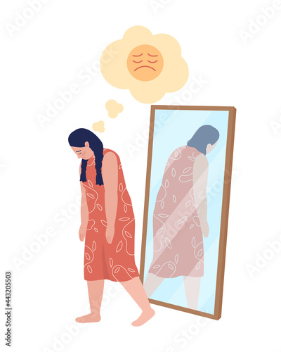 Obese teen sad girl semi flat color vector character. Walking figure. Full body person on white. Teen problems isolated modern cartoon style illustration for graphic design and animation