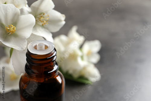 Essential oil and jasmine flowers on grey table, closeup. Space for text