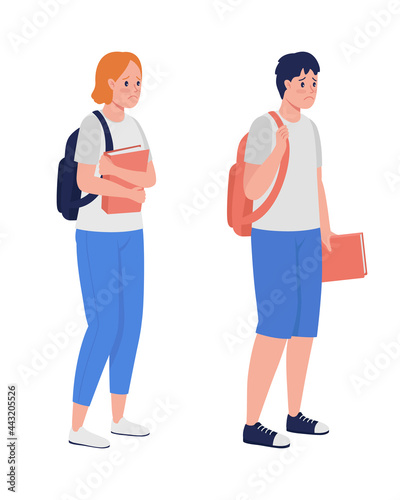 Sad boy and girl semi flat color vector character set. Standing figure. Full body people on white. Teen problems isolated modern cartoon style illustration for graphic design and animation collection