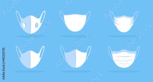 Front view face mask white mockup. Protection from spreading virus to others. Wearing mask for public settings. Covid pandemic. Modern item clipart. Isolated design template on blue background