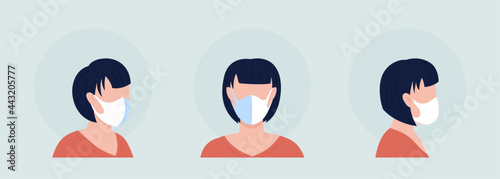 White mask wearer semi flat color vector character avatar set. Portrait with respirator from front and side view. Isolated modern cartoon style illustration for graphic design and animation pack