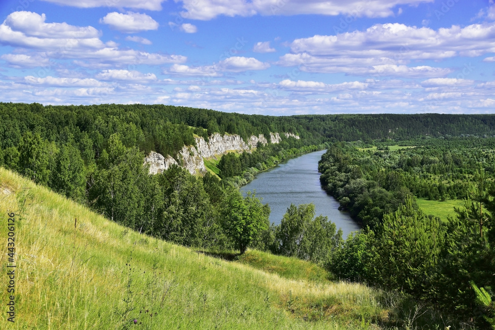 Panorama of the white gypsum of the Podkamennaya mountain and the Sylva river valley