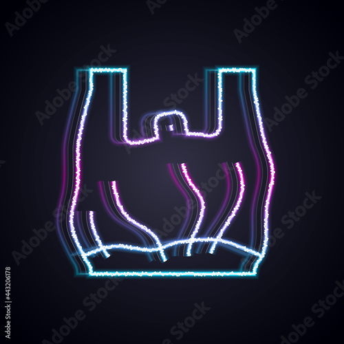 Glowing neon line Say no to plastic bags poster icon isolated on black background. Disposable cellophane and polythene package prohibition sign. Vector