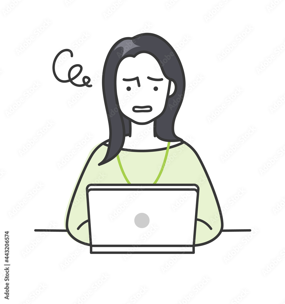 女性ビジネスパーソンがパソコンを操作で困っているイラスト