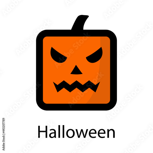 Logo con palabra Halloween con calabaza con cara sonriente con forma de cuadrado en color naranja y negro