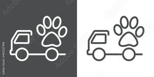 Transporte de comida para mascotas. Logotipo camión de reparto con huella de gato con lineas en fondo gris y fondo blanco